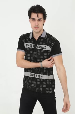 MYTHRIVA  Erkek Yakalı Slim Fit Baskılı T-Shirt - Siyah