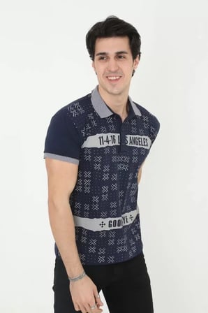 MYTHRIVA  Erkek Yakalı Slim Fit Baskılı T-Shirt - Lacivert