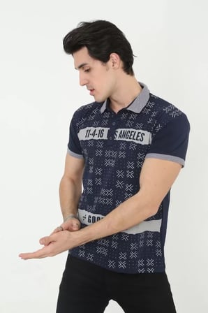 MYTHRIVA  Erkek Yakalı Slim Fit Baskılı T-Shirt - Lacivert