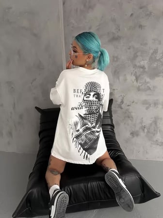 MYTHRIVA  Unisex Baskılı Oversize T-Shirt - Beyaz