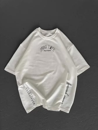 MYTHRIVA  Unisex Baskılı Oversize T-Shirt - Beyaz