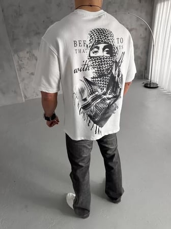 MYTHRIVA  Unisex Baskılı Oversize T-Shirt - Beyaz