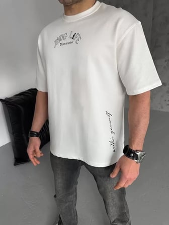 MYTHRIVA  Unisex Baskılı Oversize T-Shirt - Beyaz