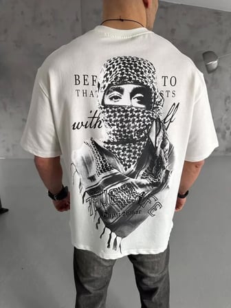 MYTHRIVA  Unisex Baskılı Oversize T-Shirt - Beyaz