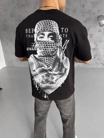 MYTHRIVA  Unisex Baskılı Oversize T-Shirt - Siyah