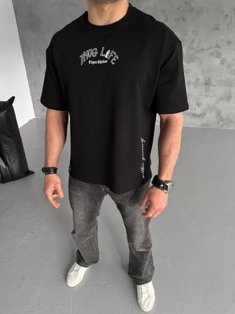 MYTHRIVA  Unisex Baskılı Oversize T-Shirt - Siyah