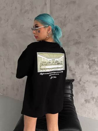 MYTHRIVA  Unisex Baskılı Oversize T-Shirt - Siyah