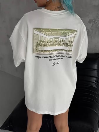 MYTHRIVA  Unisex Baskılı Oversize T-Shirt - Beyaz