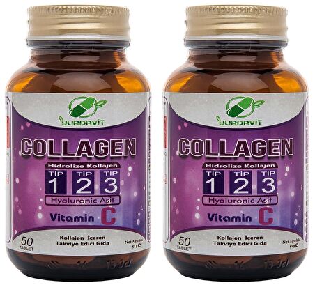 Yurdavit Hidrolize Collagen Kolajen Type Tip 1-2-3 Hyaluronic Acid Vitamin C 2x50 Tablet