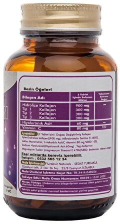 Yurdavit Hidrolize Collagen Kolajen Type Tip 1-2-3 Hyaluronic Acid Vitamin C 2x50 Tablet