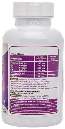 Yurdavit Hidrolize Collagen Kolajen Type Tip 1-2-3 Hyaluronic Acid Vitamin C 100 Tablet
