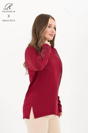 Kadın Bordo Büyük Beden Şerit Desenli Taşlı Yırtmaçlı Likralı Viskon Anne Penye Bluz