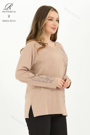 Kadın Bej Büyük Beden Şerit Desenli Taşlı Yırtmaçlı Likralı Viskon Anne Penye Bluz