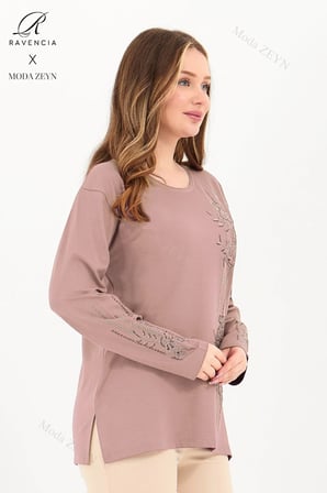 Kadın Pembe Büyük Beden Şerit Desenli Taşlı Yırtmaçlı Likralı Viskon Anne Penye Bluz