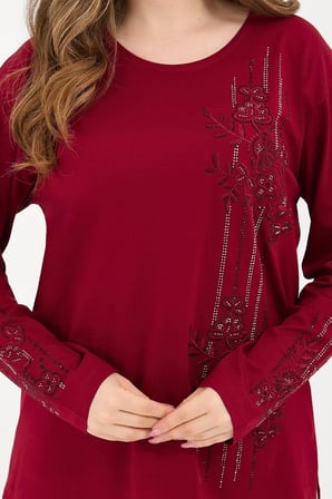 Kadın Bordo Şerit Desenli Taşlı Yırtmaçlı Likralı Kışlık Viskon Anne Penye Bluz