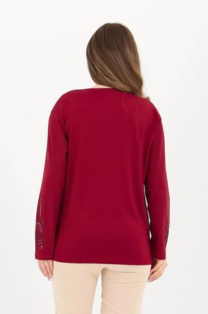 Kadın Bordo Şerit Desenli Taşlı Yırtmaçlı Likralı Kışlık Viskon Anne Penye Bluz