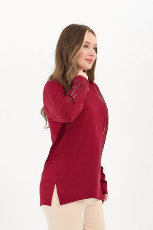 Kadın Bordo Şerit Desenli Taşlı Yırtmaçlı Likralı Kışlık Viskon Anne Penye Bluz