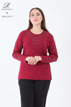 Kadın Bordo Şerit Çiçek Desenli Taşlı Yırtmaçlı Likralı Viskon Anne Penye Bluz