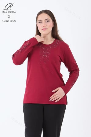 Kadın Bordo Şerit Çiçek Desenli Taşlı Yırtmaçlı Likralı Viskon Anne Penye Bluz