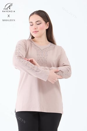 Kadın Bej Şerit Çiçek Desenli Taşlı Yırtmaçlı Likralı Viskon Anne Penye Bluz
