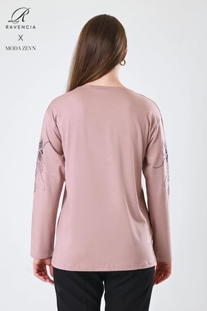 Kadın Pembe Büyük Beden Çiçek Desenli Taşlı Yırtmaçlı Likralı Viskon Anne Penye Bluz