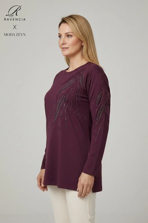 Kadın Bordo Büyük Beden Yaprak Desenli Taşlı Yırtmaçlı Likralı Anne Penye Bluz