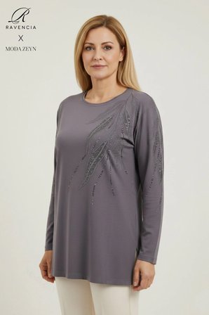 Kadın Gri Büyük Beden Yaprak Desenli Taşlı Yırtmaçlı Likralı Anne Penye Bluz