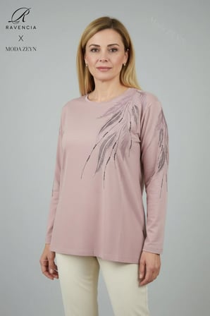 Kadın Pudra Büyük Beden Yaprak Desenli Taşlı Yırtmaçlı Likralı Anne Penye Bluz