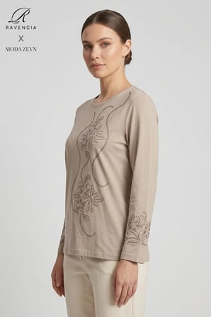 Kadın Bej Sarmal Yaprak Desenli Taşlı Yırtmaçlı Likralı Anne Penye Bluz