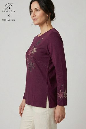 Kadın Bordo Renkli Çiçek Yaprak Desenli Taşlı Yırtmaçlı Likralı Anne Penye Bluz