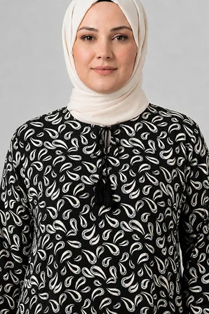 Kadın Damla Desenli Bisiklet Yaka Bağcıklı Dokuma Viskon Tunik