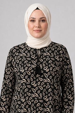 Kadın Damla Desenli Bisiklet Yaka Bağcıklı Dokuma Viskon Tunik