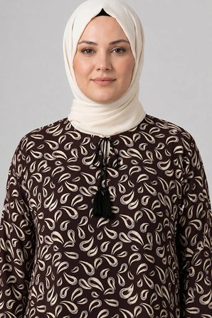 Kadın Damla Desenli Bisiklet Yaka Bağcıklı Dokuma Viskon Tunik