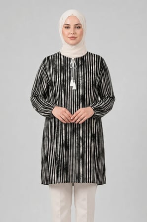 Kadın Çizgi Desenli Bisiklet Yaka Bağcıklı Dokuma Viskon Tunik