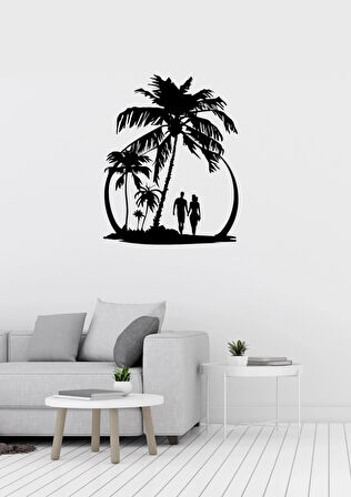 Sahilde Yürüyen Çift Figürlü Siyah Metal Duvar Süsü