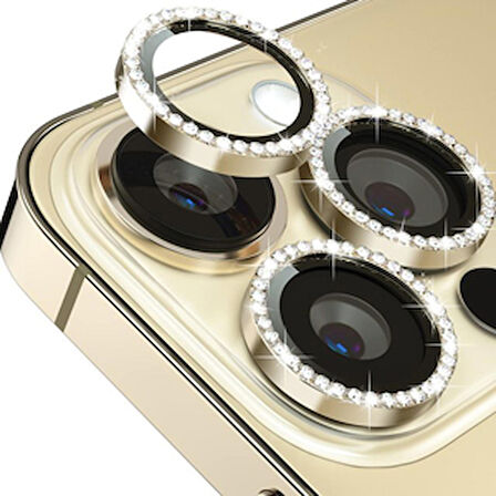 SKV MOBILE Iphone 14 Pro / 14 Pro Max Taşlı Gold Altın Kamera Koruyucu Lens Koruyucu