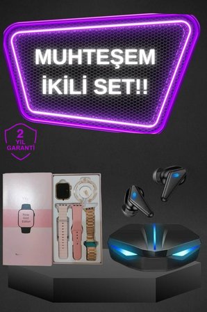 Kadınlar İçin Dokunmatik Ekran Akıllı Saat ve Gamer Kablosuz Bluetooth Kulaklı