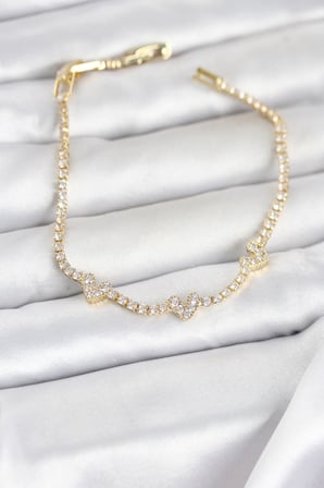 Pirinç Gold Renk Kalp Model Zirkon Taşlı Su Yolu Kadın Bileklik 5886