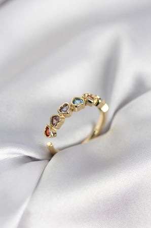 Gold Renk Kalp Model Renkli Zirkon Taşlı Kadın Yüzük 5886