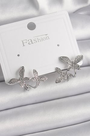 Pirinç Gümüş Renk Zirkon Taşlı Kelebek Model Kadın Küpe 5886