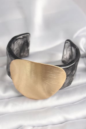 Siyah Mermer Desen Akrilik Plastik Gold Daire Plaka Model Vintage Kadın Bilezik 588