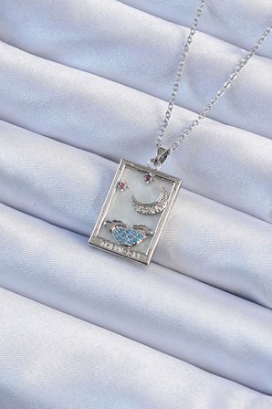 316L Çelik Zincir Gümüş Renk Zirkon Taşlı Ay Figürlü Tarot Kolye 5886