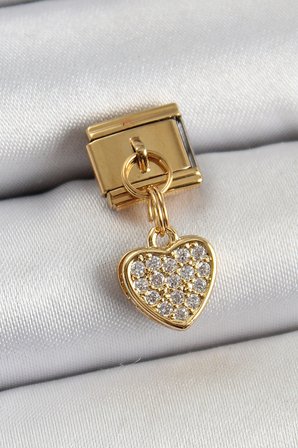 316L Çelik Sallantılı Zirkon Taşlı Kalp Model Gold Renk Nomination Charm 5886