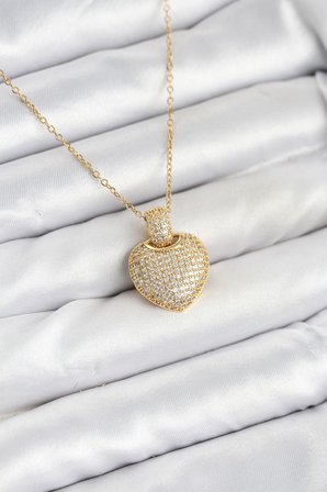 316L Çelik Zincir Gold Renk Zirkon Taşlı Kalpli Kadın Kolye 5886