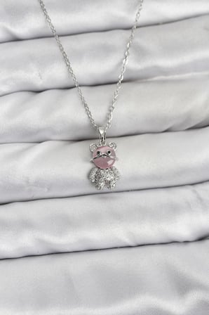 316L Çelik Zincir Gümüş Renk Teddy Bear Model Zirkon Taşlı Kadın Kolye 5886