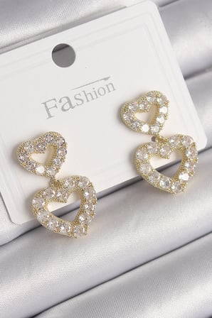 Pirinç Gold Renk Zirkon Taşlı Sallantı Kalp Model Kadın Küpe 5886
