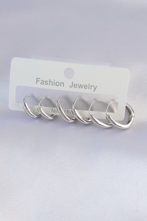 Pirinç Gümüş Renk Oval Küpe Seti 5886