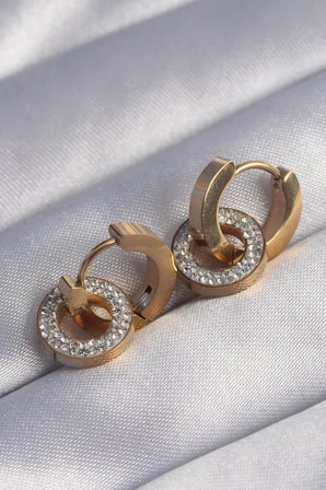 316L Çelik Gold Renk Zirkon Taşlı İç İçe Geçmeli Oval Küpe 5886