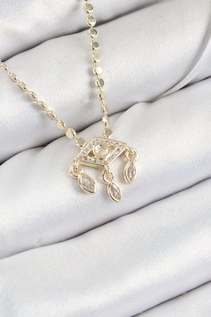 Pirinç Zirkon Taşlı Sallantılı Göz Model Ezme Zincir Gold Renk Kadın Kolye 58