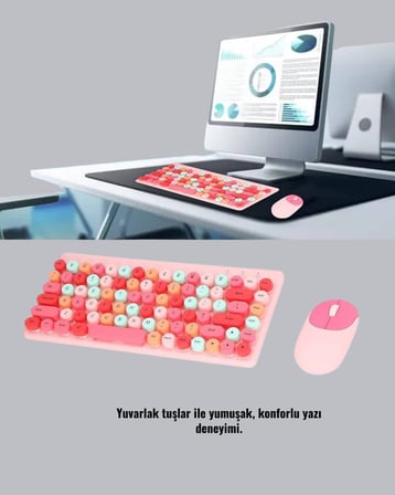 Renkli Retro Tuş Takımlı Klavye – 3 Cihaz Bağlantısı Medya Kısayol Tuşlar?
